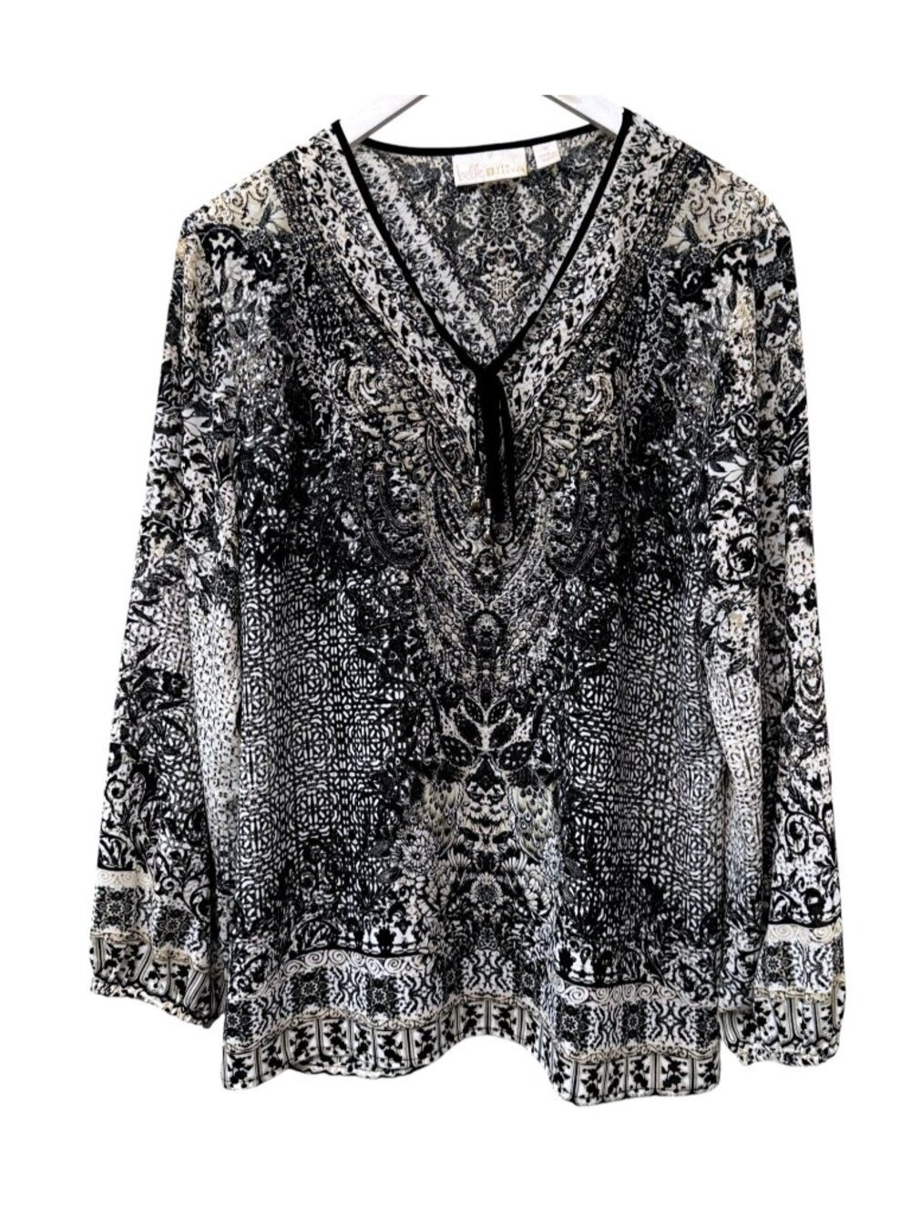 Belle By Kim Gravel Paisley Blouse Medium Black Stud Sparkle Tie Tassel Neck Top